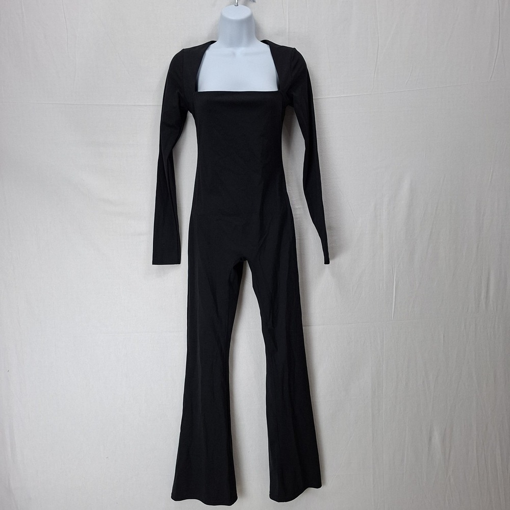 NEW Womens M Catsuit Unitard One Piece Square Neck Flare Leg Gym Athleisure Yoga - Picture 1 of 12